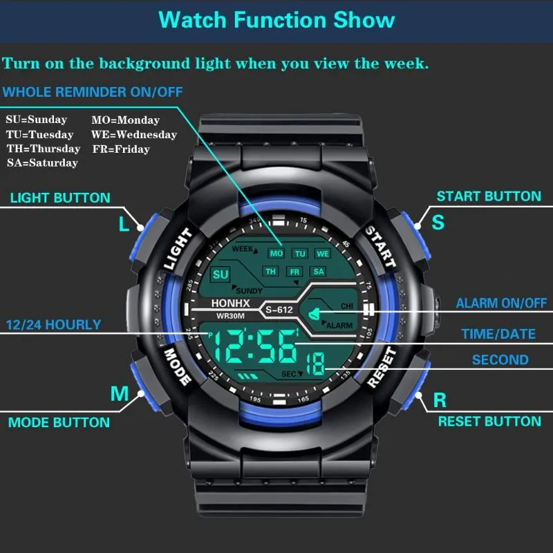 Fashion Menproof Men Boy LCD Digital Fordight Date Rubber Sport Wast Watch Watches Top Relojes255L