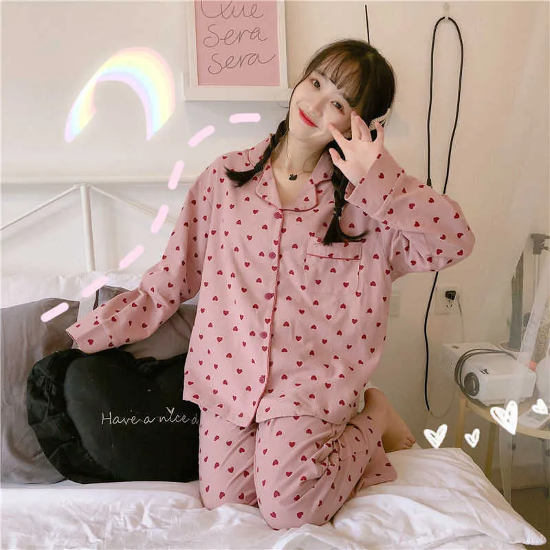 Doux Rose Femmes Pyjamas Ensembles Pyjama Mignon Dessin Animé Imprimé Bouton Haut + Pantalon Long / Pijama Plus La Taille Vêtements De Nuit Lounge Wear 210619