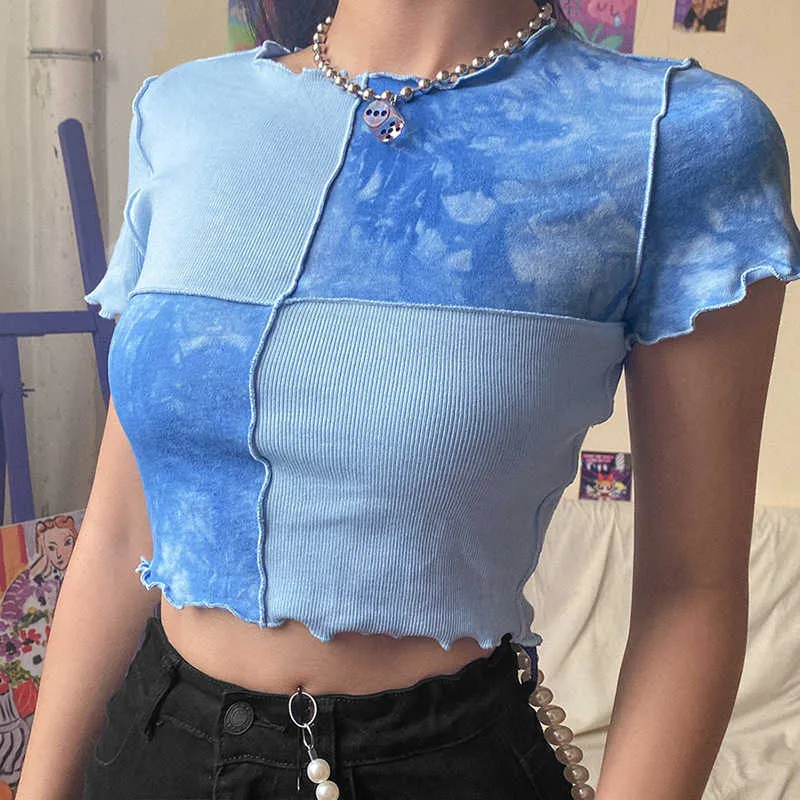 Chic Crop Tops Tees Tie Dye With Sequin Patchwork Women Summer T-shirts Ruffles Hem Purple Or Bule Clothes 210607