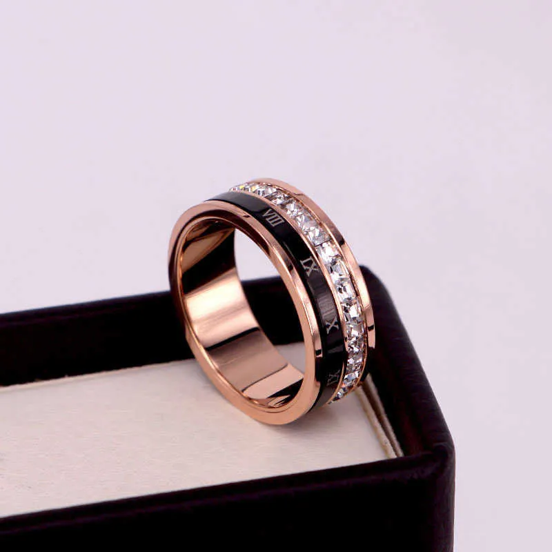 7mm obracający się czarne cyfry rzymskie i kryształowe pierścień ślubny ślubny pierścionek zaręczynowy prezent kobiety biżuteria pierścień hurtownie r725 x0715