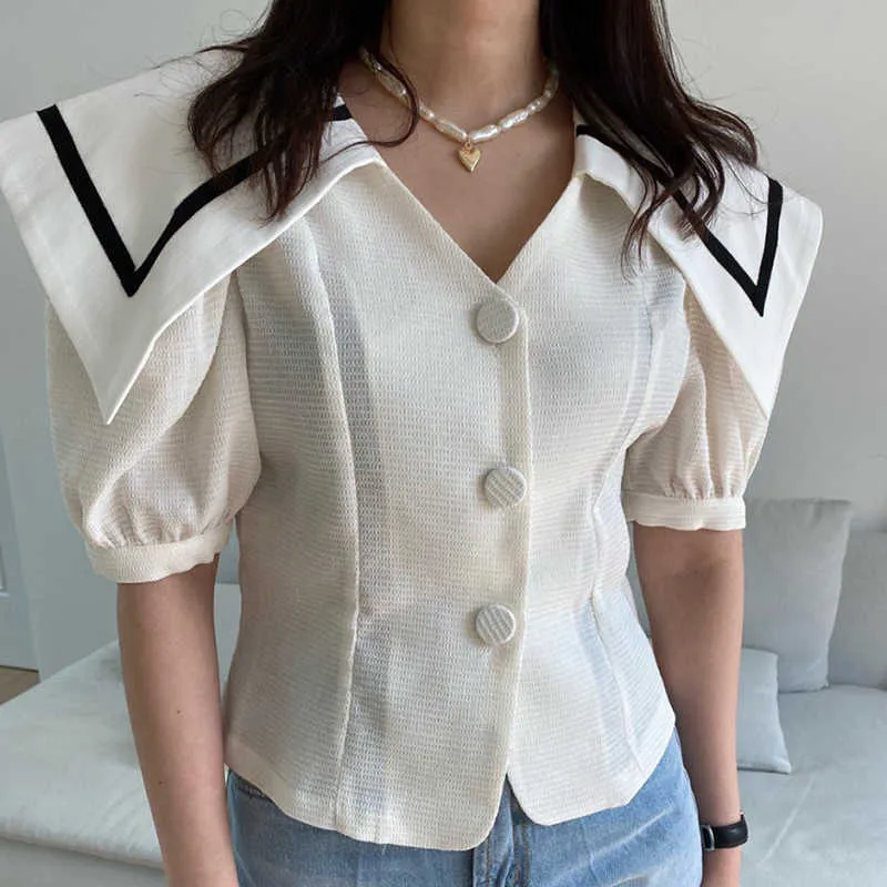 Korejpaa Women Shirt Summer Korean Chic Retro Navy Collar Trim Contrast Color Three Button Slim Short Puff Sleeve Blouses 210526