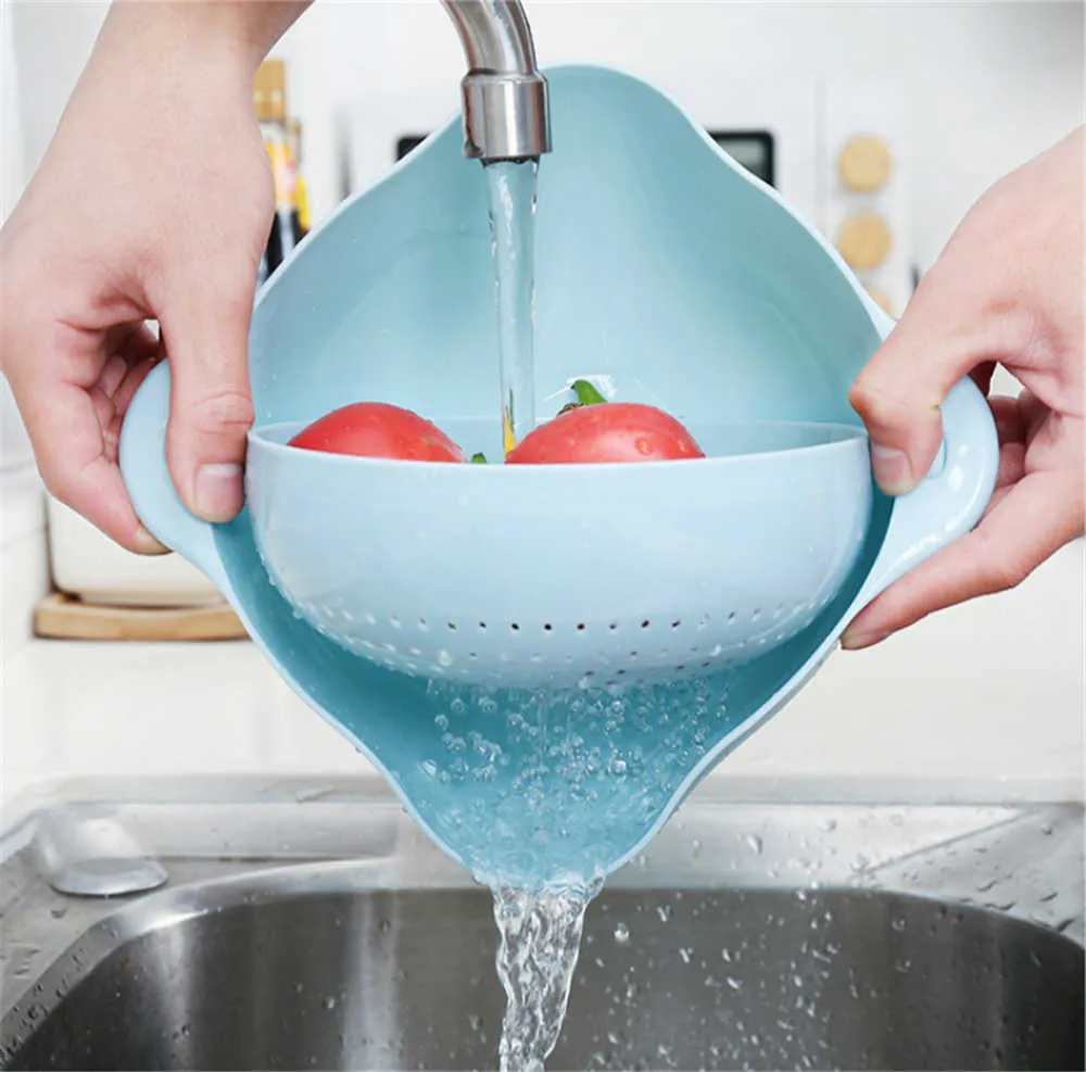 3個再利用可能な回転式2層排水バスケット洗浄果物の洗面台の洗面台の洗面台のキッチンアクセサリーガジェットプラスチックザルデザイン210626