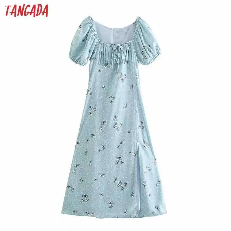 Tangada Summer Women Blue Flowers Stampa abito lungo stile francese Puff manica corta Ladies Sundress 3H435 210609