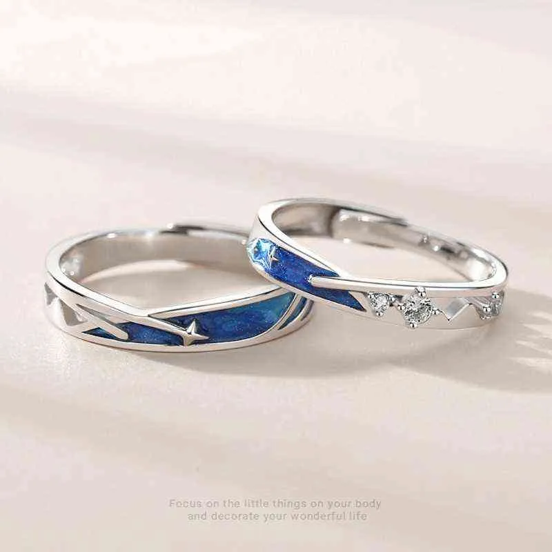 2 stks Dainty Sea Blue Meteoric Star Lover Paar Rings Matching Set Promise Wedding Moon Star Ring Bands voor hem en Dropshipping G1125