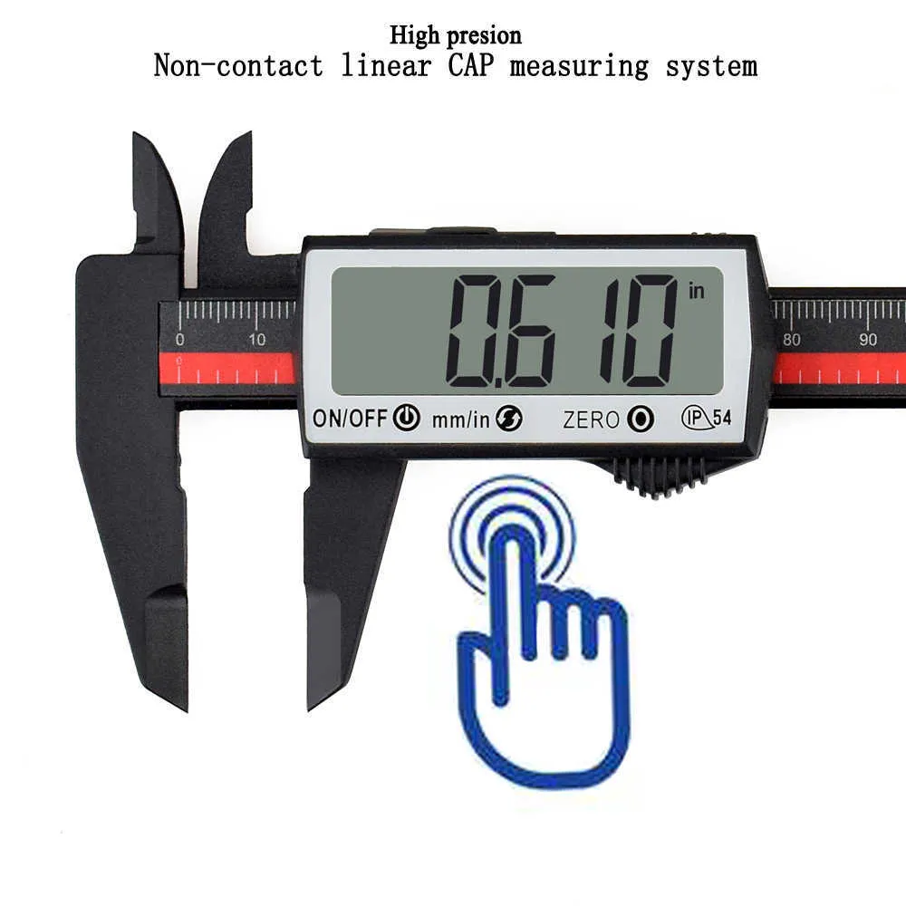 Acalox Carbon Fiber 0-6Inch / 150mm Touch Screen Digital Caliper Large LCD-tum / metrisk konvertering Mätverktyg 210922