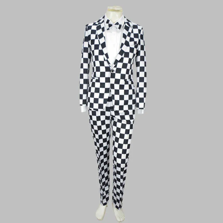 Män sätter Bebes Black White Plaid Coat Pants Bow Tie 3st Male Singer Suit Clown Costume Magic Stage Show Theme Striped 4XL Suit X0247Q