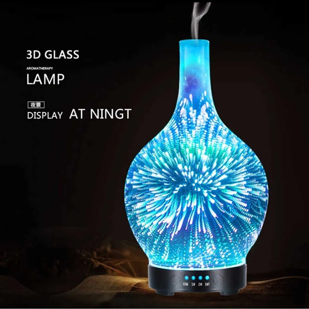 Machines d'aromathérapie en verre de feux d'artifice 3D Humidificateur d'air Diffuseur d'arôme d'huile essentielle à ultrasons Difusor 4 Minuterie A-Free100ml 210724
