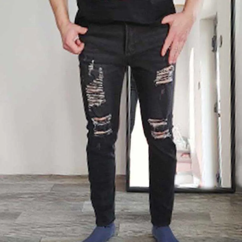 Noir Skinny Jeans Hommes Déchiré Jeans Mâle 2021 NOUVEAU Casual Trou D'été Rue Hip Hop Mince Denim Pantalon Homme Mode Jogger Pantalon X0621