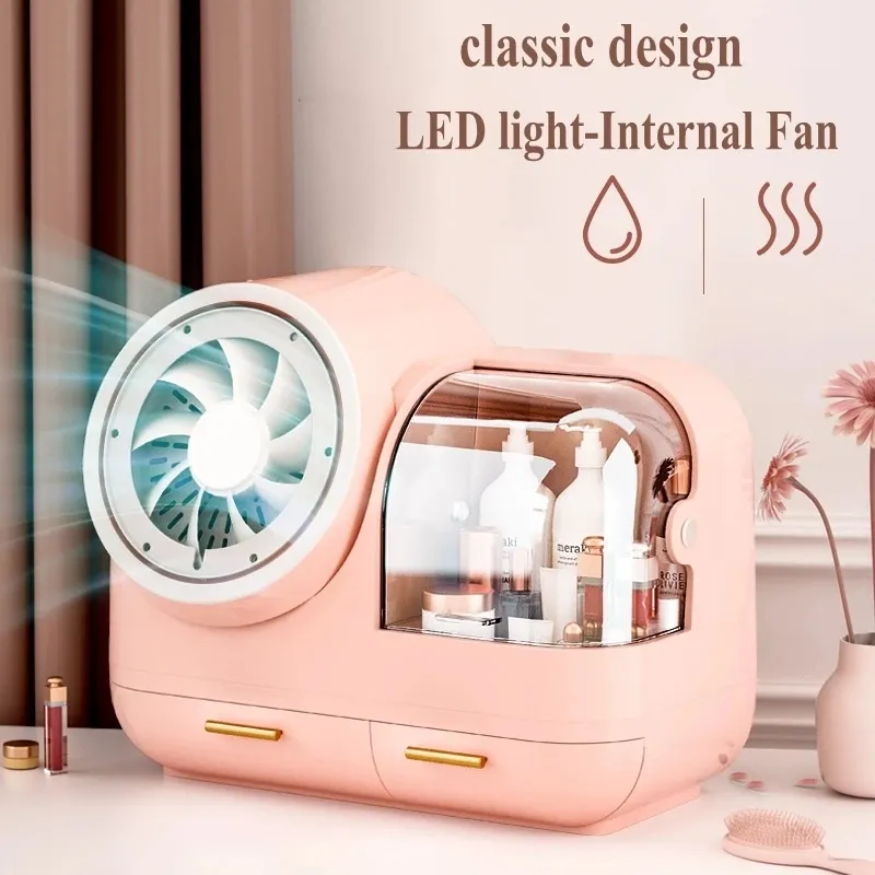 LED lumière maquillage organisateur ventilateur cosmétique boîte de rangement Transparent bureau organisateur mode clair beauté boîte livraison directe 210315