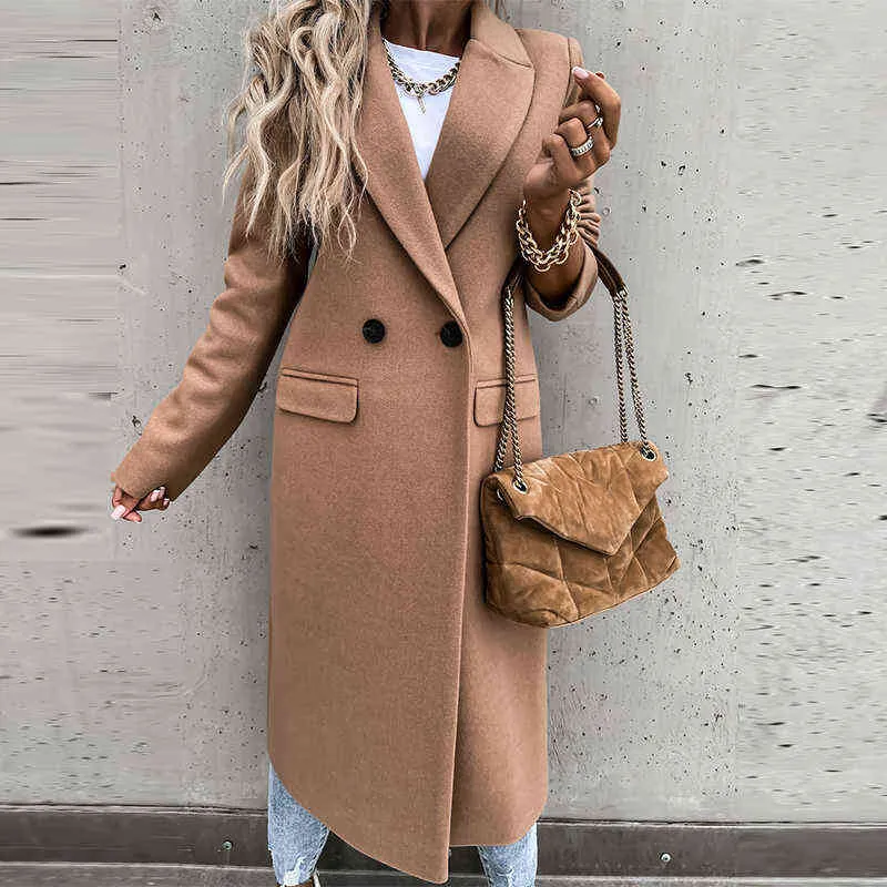 Senhora moda elegante longo sobretudo mulheres outono inverno casual solto solto colarinho casaco de lã tops manga longa Outerwear 211110