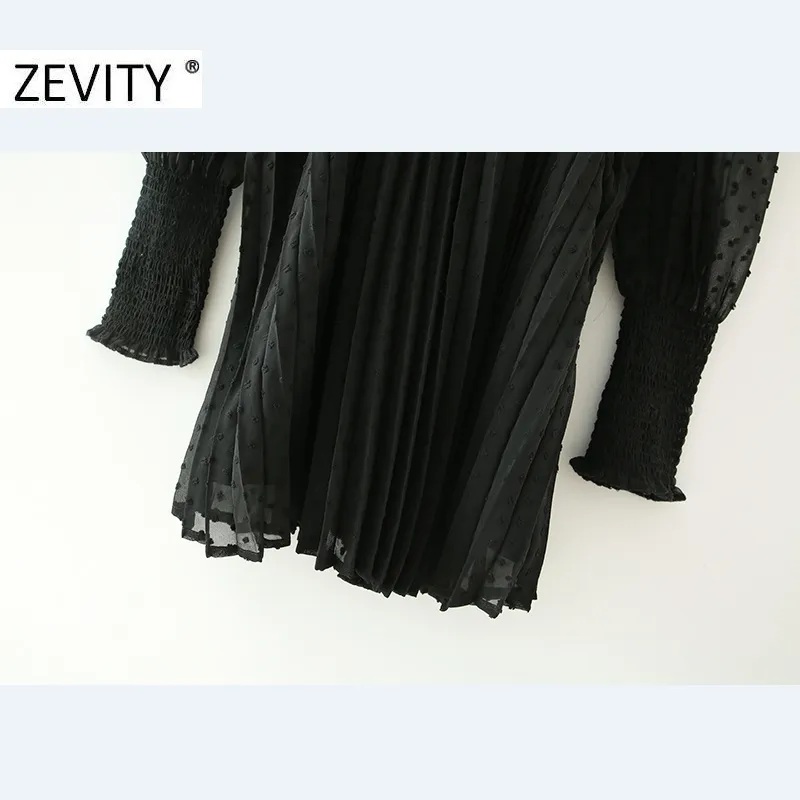 Zevity Women Fashion V Sect Dots, прошивая черное шифоно -плиссированное платье Femme с длинным рукавом vestido шикарные повседневные тонкие платья DS4487 210303