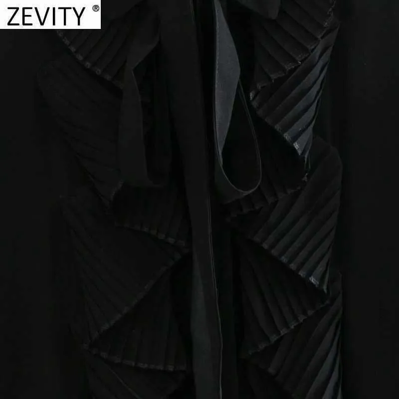 Zevity Donne Fashion Pleated Sleeve Patchwork Black Smock Blusa Camicetta Ufficio Lady Ruffles Chiffon Camicie Chic Blusas Tops LS7687 210603