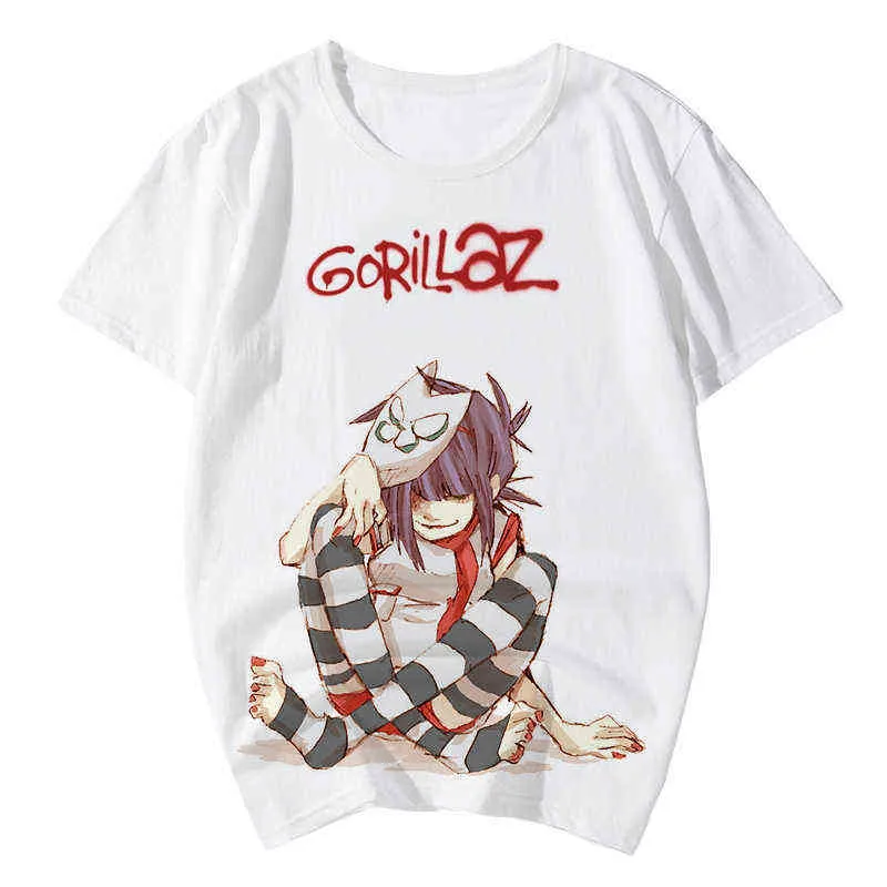 Gorillaz camisetas Banda de rocha de música dos desenhos animados Imprimir Streetwear Homens Mulheres Hip Hop Pop Oersized T Shirt 100% Algodão Tees Tops Vestuário Y220214