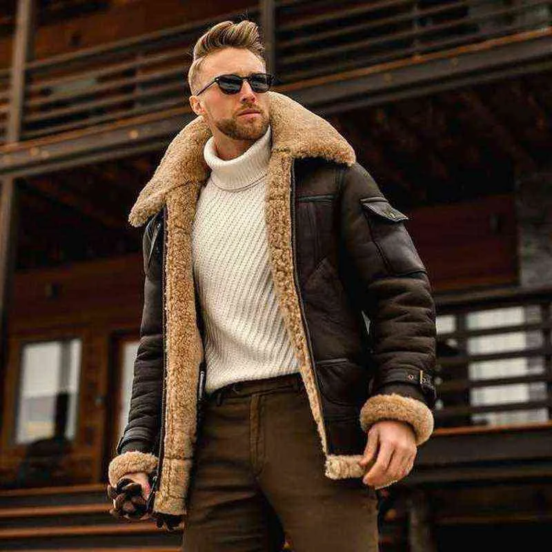 Giacche moda Mens Giacca in pelle di cashmere Tinta unita Moto Vintage Streetwear Cappotti Inverno Addensare Capispalla 211217