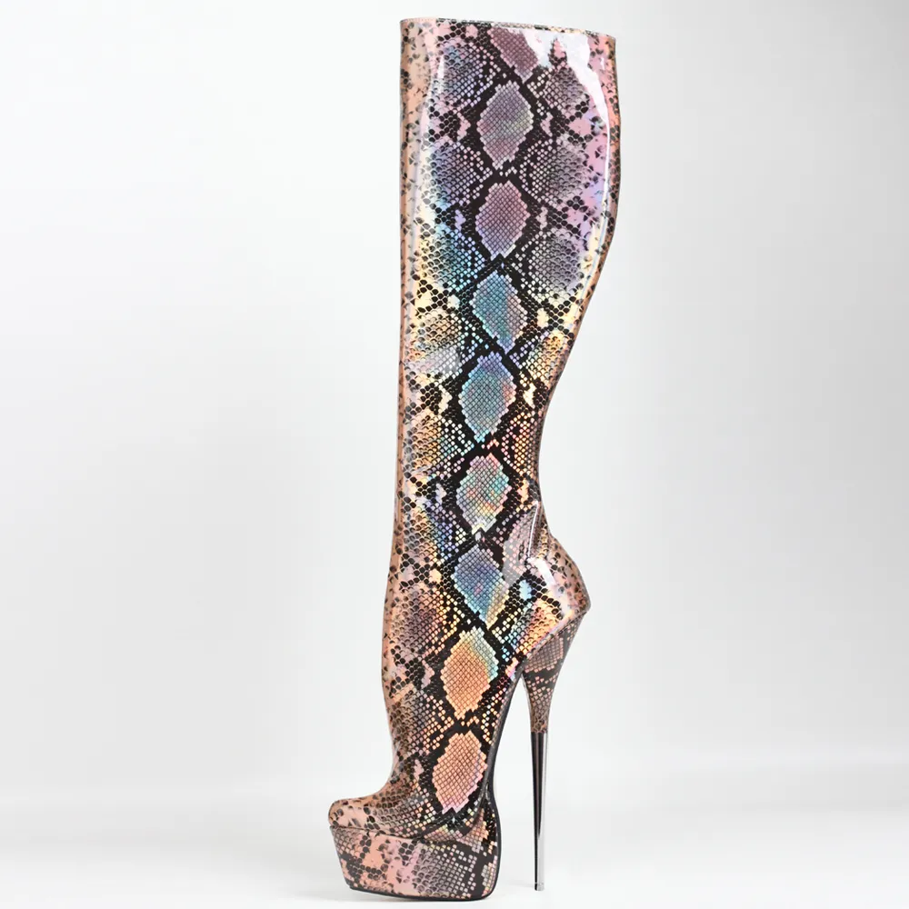 Talon de 21 cm, serpent holographique/léopard, bottes fétiches de Ballet, cuissardes hautes, bottes de jeu de poney extrêmes, taille 36-44