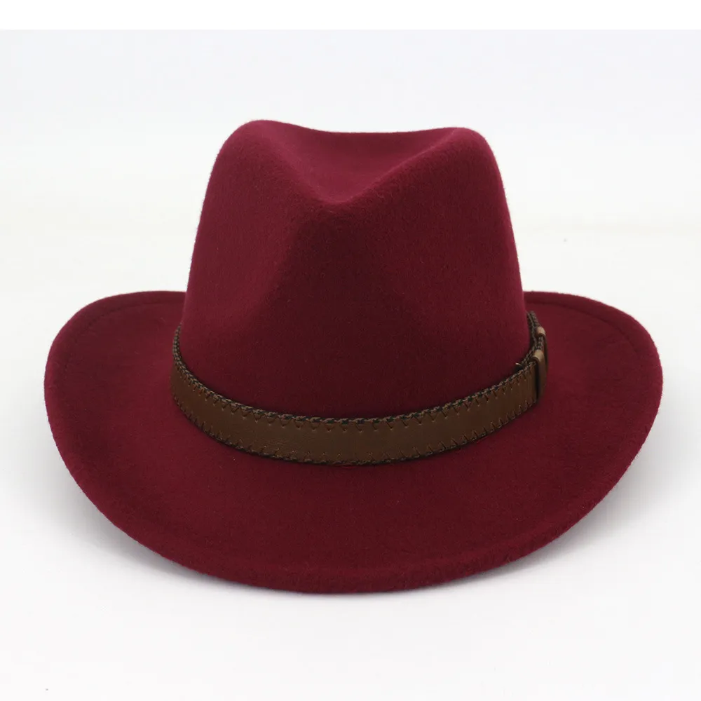 Cowboy-Fedora-Hüte aus Wollfilz mit breiter Krempe und dunkelbraunem Lederband für Damen und Herren, klassische Party, formelle Mütze, Whole240k