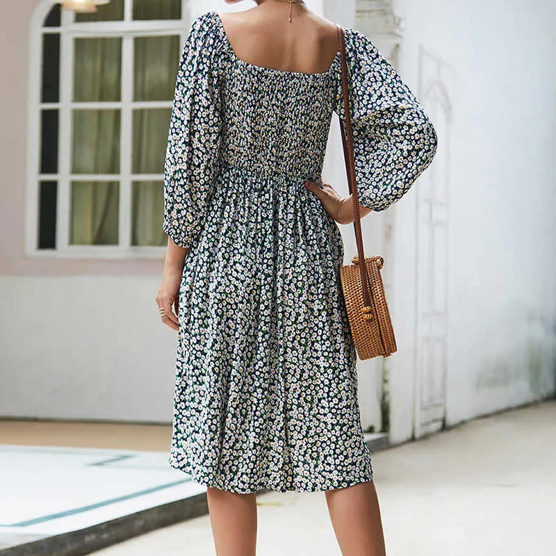 Fashion Boho Women Dress Floral Printed Vintage Square Collar Lantern Sleeve Button Spring Autumn Female Beach Dresses W190 210526