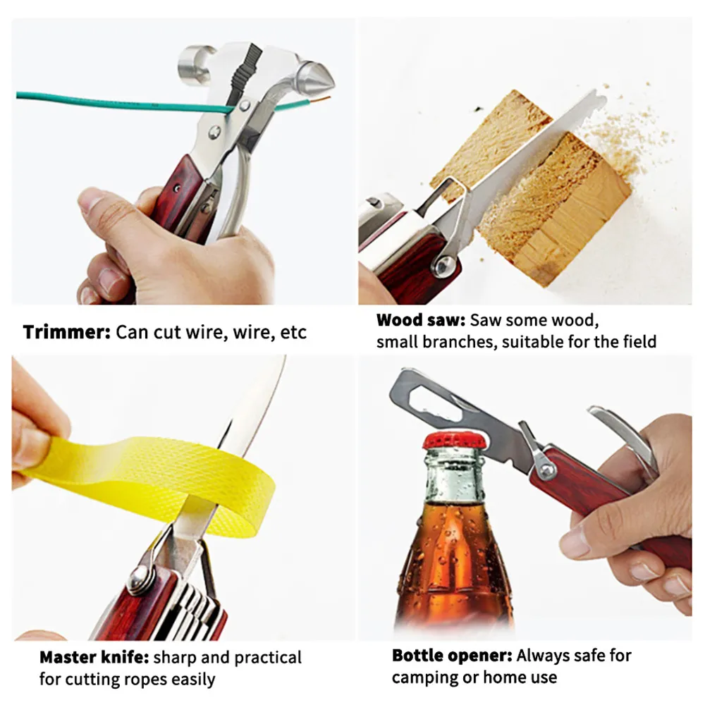 10-in-1 Multitool Hammer Hand Tool Including Axe Flat Nose Wire Cutter Pliers Knife Cross Head Screwdriver Bottle Opener