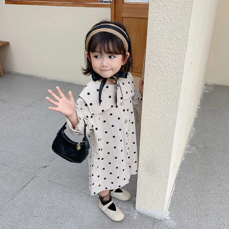 Höstskola Flickor Casual Dot Dress Koreanska Sailor Collar Långärmad Lösa Klänningar För Barn Tjej Kläder 210615