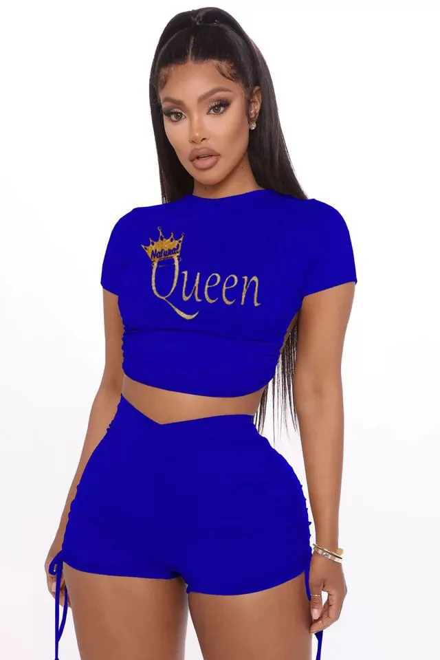 Workout Casual Wear Active Mulheres Mulheres Dois Peça Sets Curta Manga Queen Rainha Impressão As 90s Camisetas + Biker Shorts Streetwear 210525