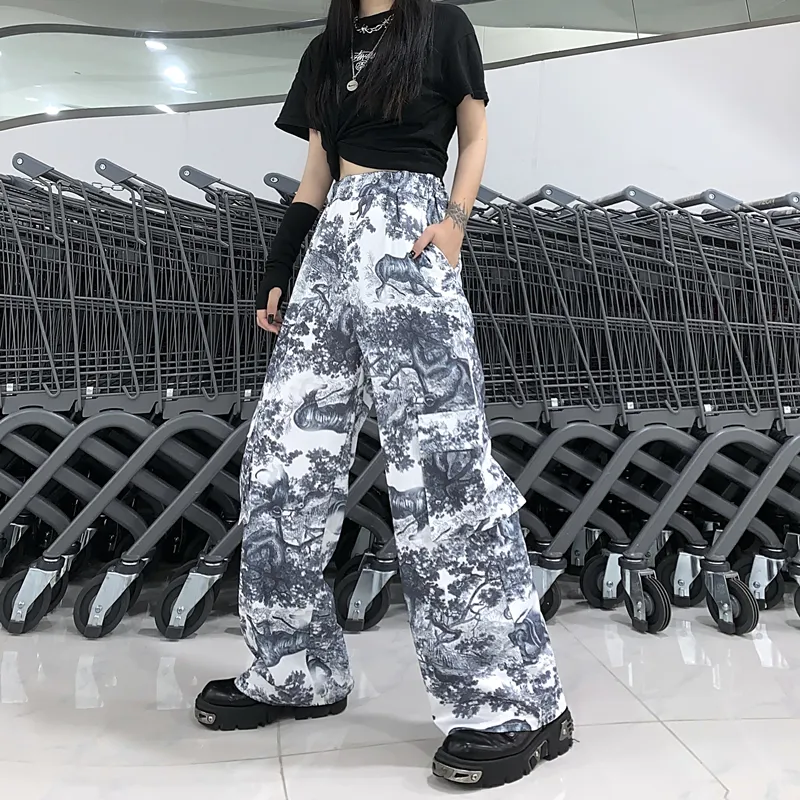 Hosen Frauen Koreanische Harajuku Stil Dunkelschwarz 3D Animal Print Lose Tasche Casual Hosen Gerade Breite Bein Hosen Streetwear 201012