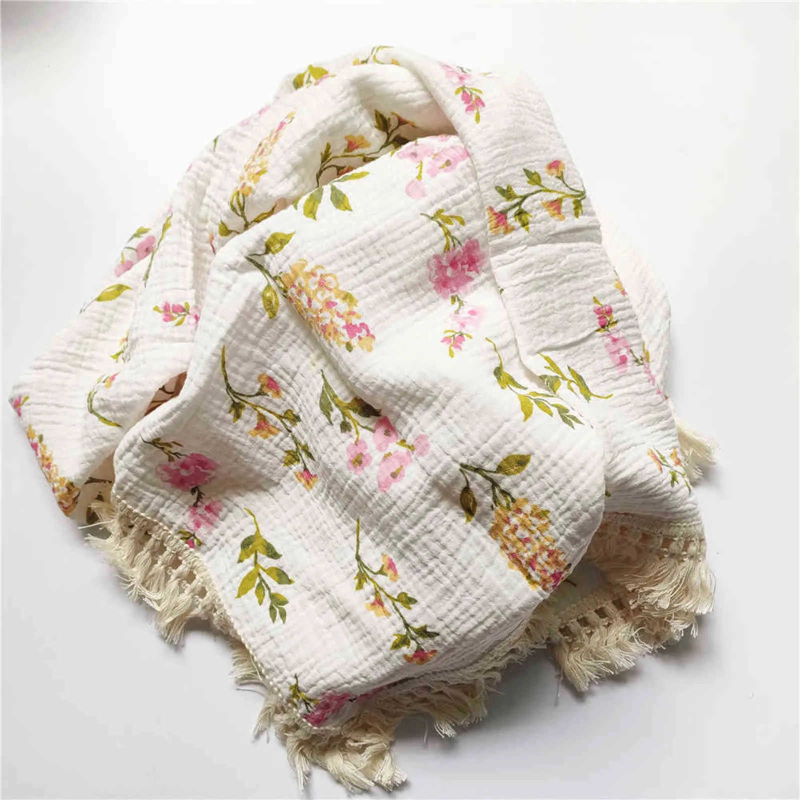 2 Layers Baby Blankets born Tassel Cotton Muslin Swaddle Wrap Print Gauze Infant Bedding Quilt Diaper 211105