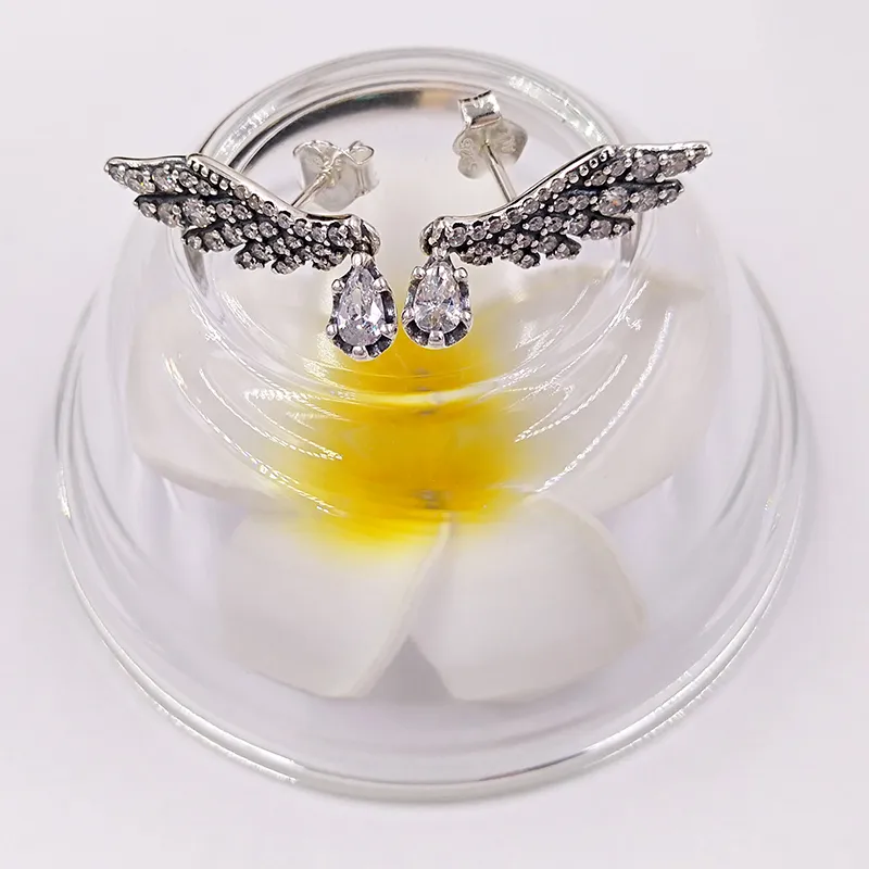 Autentico argento sterling 925 Pandora pendenti orecchini a forma di ala d'angelo di lusso donna uomo ragazza regalo di compleanno di San Valentino 298493C01