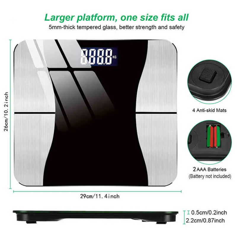 Bluetooth Body Scales Smart digital skala Kroppskomposition Badrumsskala för BMI BFR Muscle Bone Mass Analyzer H1229