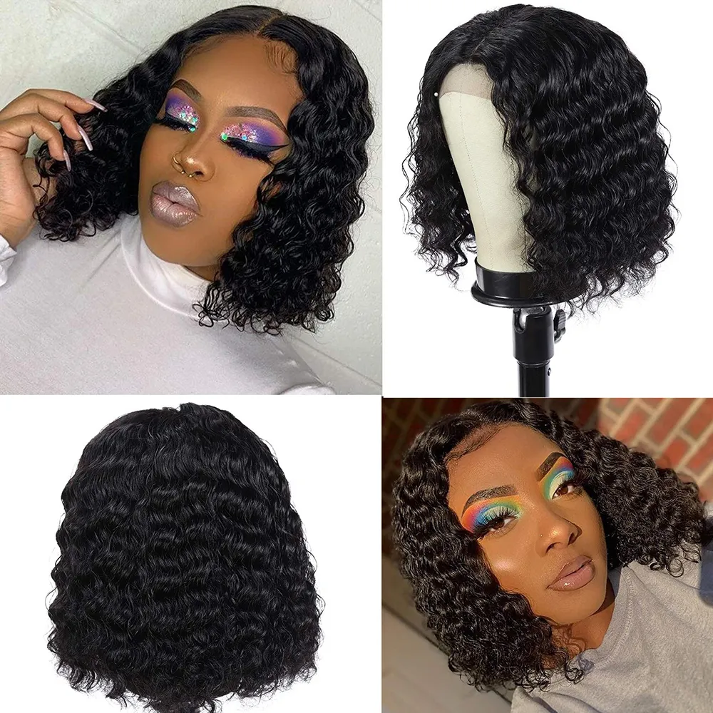 Perruque Lace Closure Wig brésilienne Remy naturelle, cheveux naturels, Deep Wave, 4x4, pre-plucked, Transparent, pour femmes