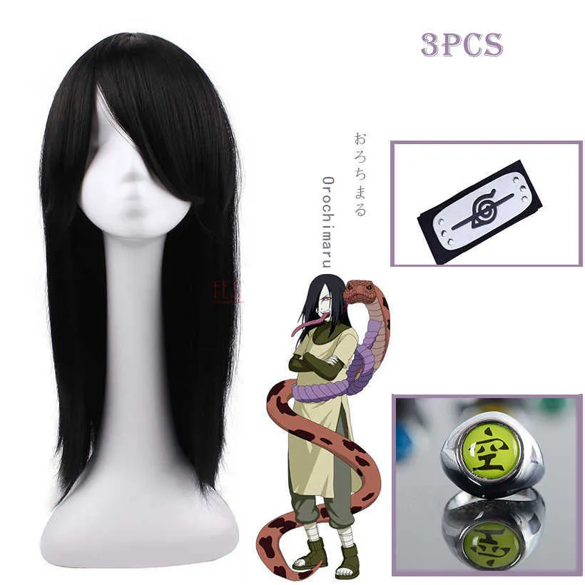 Anime Boruto personnage Orochimaru Cosplay perruque longue noir bijoux bandeau boucle d'oreille anneau résistant à la chaleur fibre cheveux + casquette Y0913