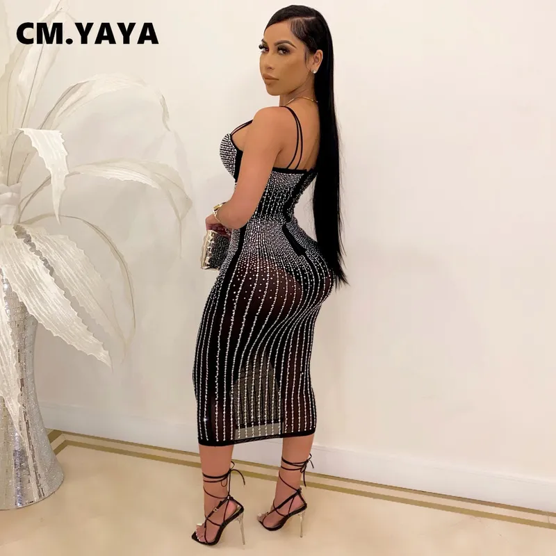 CM.YAYA Mesh See Though s Plunging V-neck Midi Bodycon Dress for Women Sexy Club Party Dresses Pencil Vestidos 220215