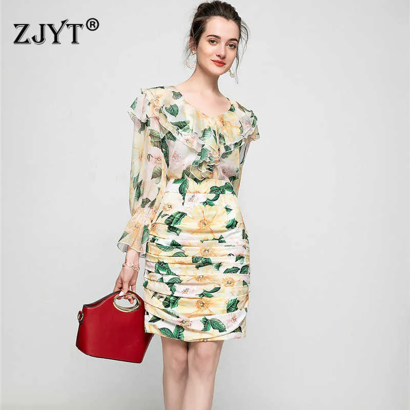 Wiosna Summer Women Runway Set Elegancki Rękaw Rukiewy Ruffles Floral Print Szyfonowa Koszula i Draped Spódnica Suit Suit 210601