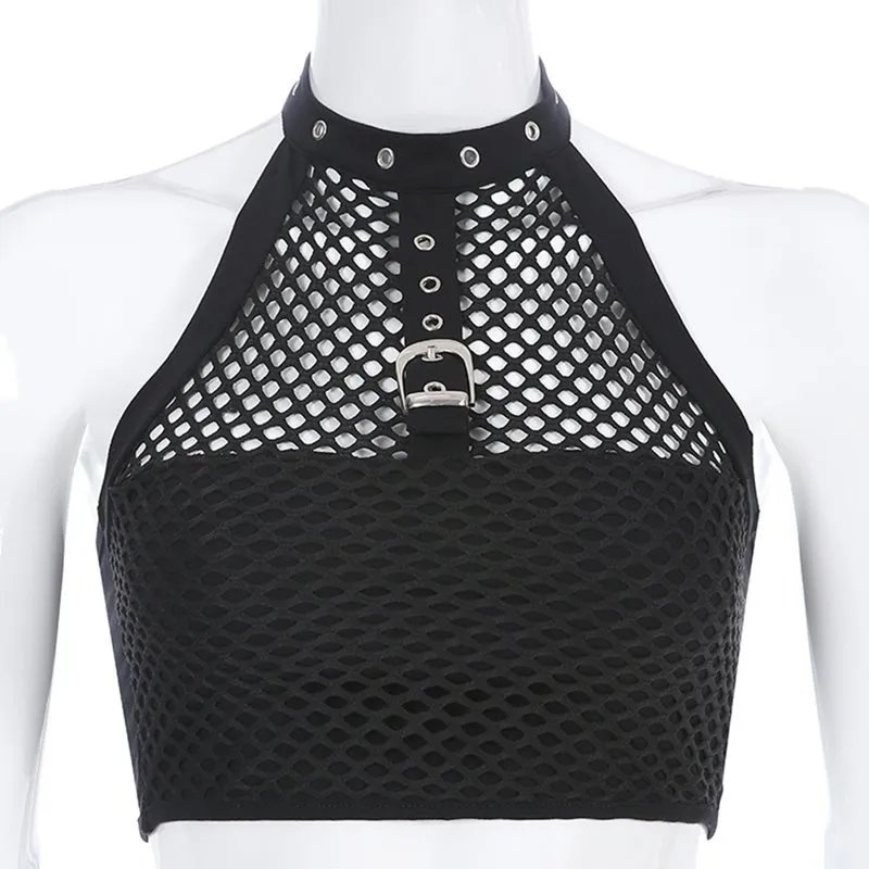 Summer Mesh Top Sexy Gothic Hollow Out Femmes Trendy Black Crop Top Club Streetwear Boucle Punk Cool Girl Dos Nu Goth Débardeurs 210308
