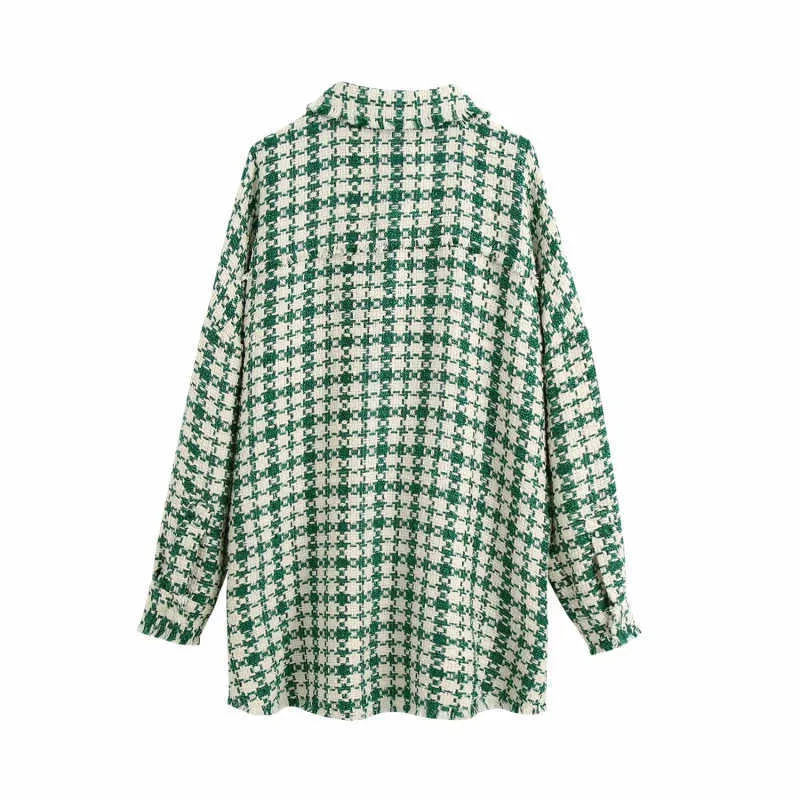 BBWM Stylowe Chic Kieszenie Zielona Plaid Tweed Kurtka Moda Klapel Collar Side Vents Płaszcz Kobiet Odzszewa 211014