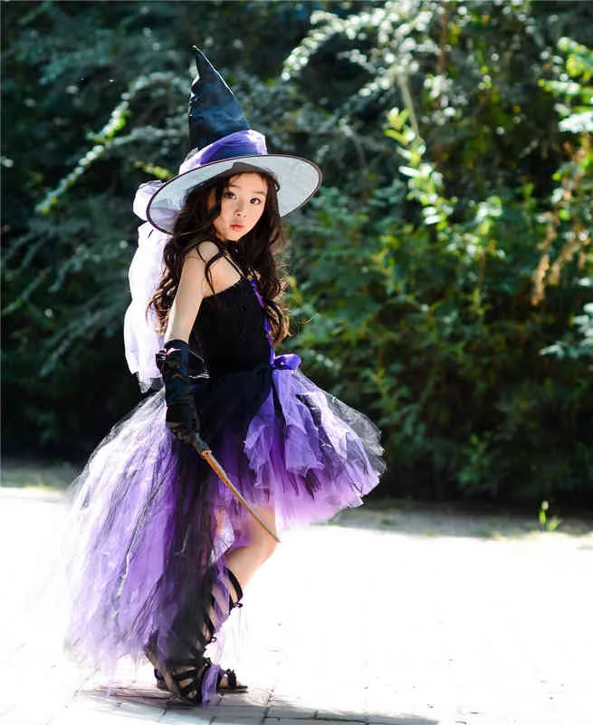 Фиолетовые дети девушки хэллоуин фея партии платья со шляпой черная ведьма малыша девочки девочек день рождения косплей костюмы дети платье G1218