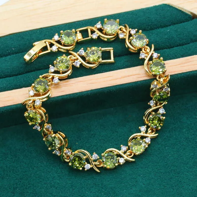 Set di gioielli geometrici color oro da sposa donna verde oliva zircone braccialetto orecchini collana pendente anello regalo di Natale H1022233U