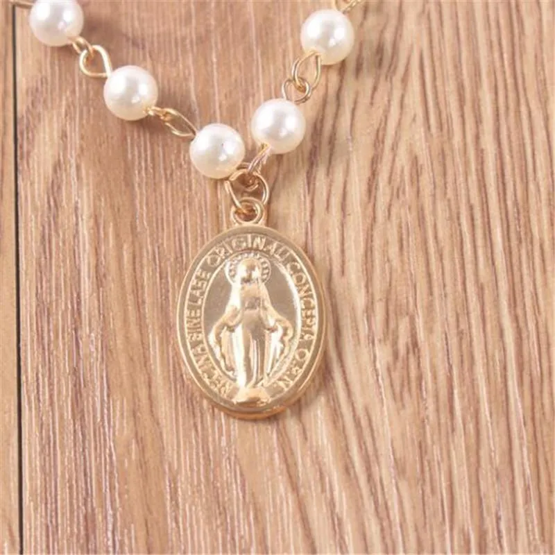 Collar Retro multicapa con retrato de cabeza de la Virgen María, collar con colgantes de oro y perlas europeas y americanas, joyería para mujer Gift2317