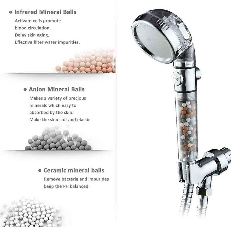 Three Function Spray Modes Stop On/off Switch Button Saving Water High Pressure Spa Bathroom Shower Head for Bath H1209