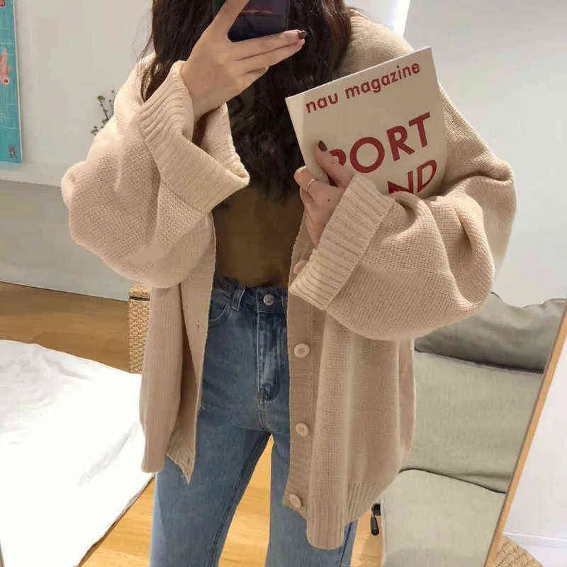 Cardigan Women Full Sleeve V-neck Solid Button Oversize Retro Lazy Students Korean Style Fashion All-match Simple Sweater Female 211103