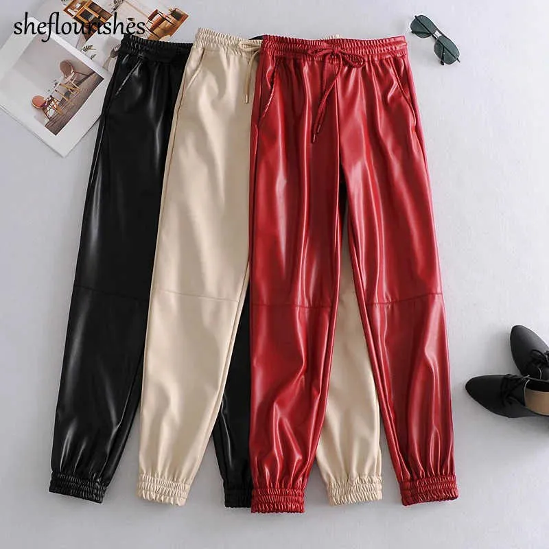 Calças vintage outono corredores mulheres calças soltas faux couro calça mulheres calças de cintura alta calças pretas calças vermelhas cordão 2020 q0801