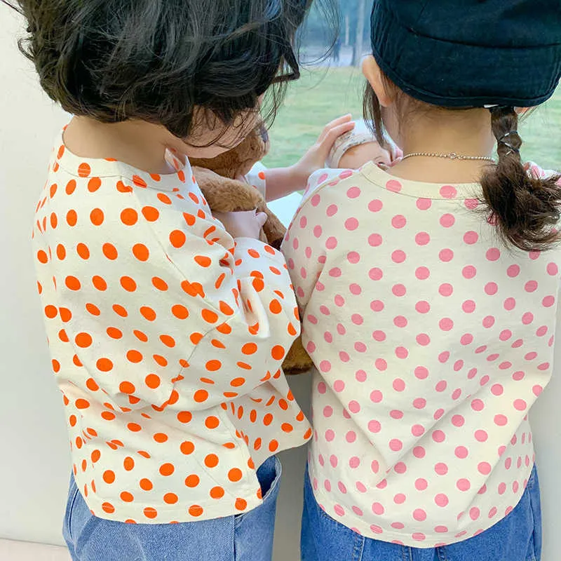 Primavera verão crianças meninos meninas bonito ponto impressão t - shirts Estilo coreano Crianças O-pescoço manga comprida solta tee tops roupas 210615