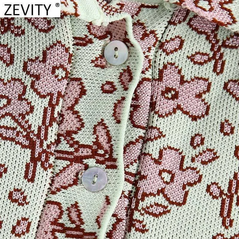 Zevity Women Vintage Floral Print Jacquard Knitted Sweater Female Lapel Collar Short Sleeve Pullovers Chic Brand Tops SW808 210603