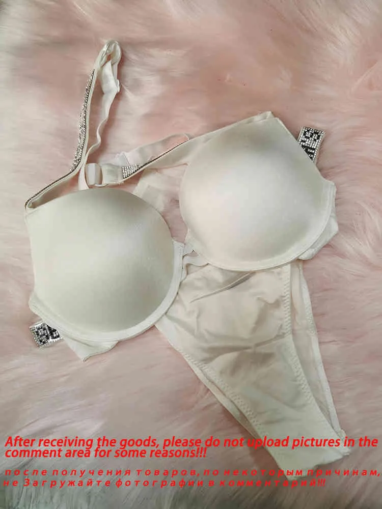 Push Up Sexy Letter Rhinestone Lingerie Diamonds Bra Set Bikini Thong Underwear Women's Panties Justerbar UP286Q