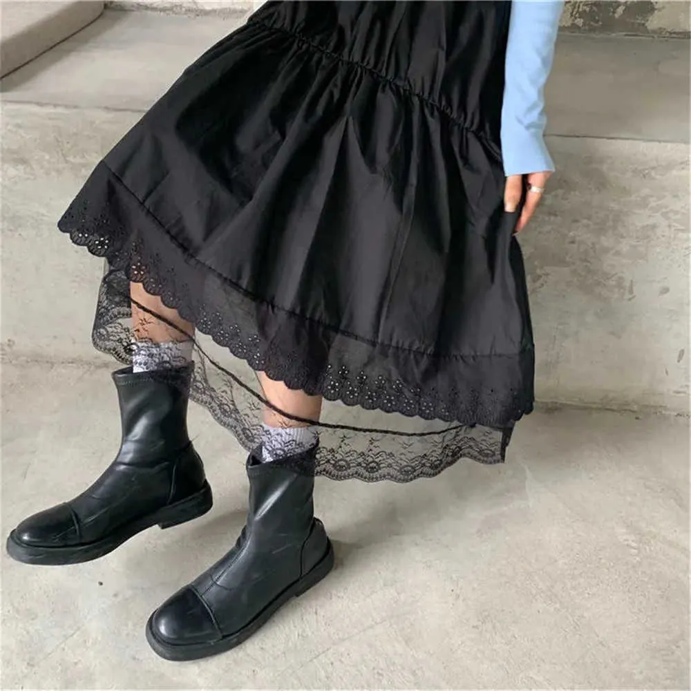 Schwarz Gothic Spitze Nähen Unregelmäßige Falten Rock Frauen Weiß Vintage Hohe Taille Langen Rock Koreanische Solide Hip Hop Streetwear 210708