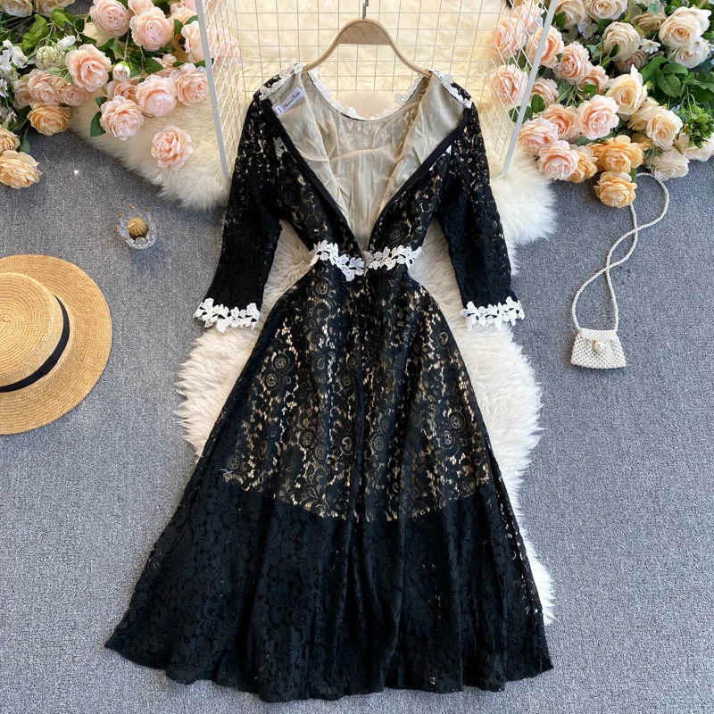Lente herfst zwart geborduurde feestjurk vrouwen elegante O-hals grote schommel kant vestidos vrouwelijke mode 2021 nieuwe y0603