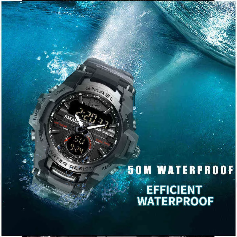 Herenhorloges SMAEL Sport Waterdicht 50M Horloge Relogio Masculino Militar 1805 Herenklok Digitaal Militair Leger 2201172458