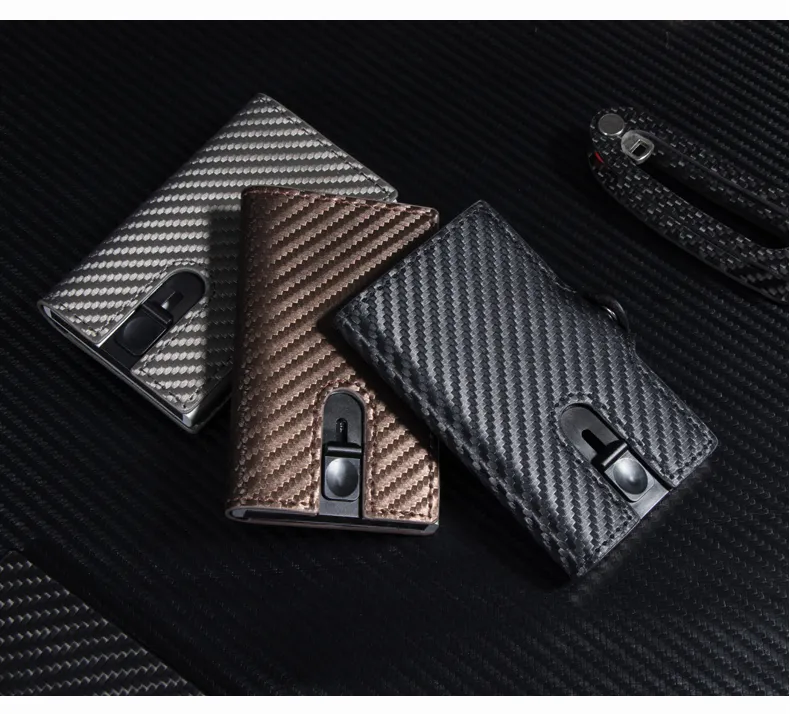 Porte-cartes coulissant en cuir véritable pour hommes porte-monnaie porte-monnaie en Fiber de carbone portefeuilles