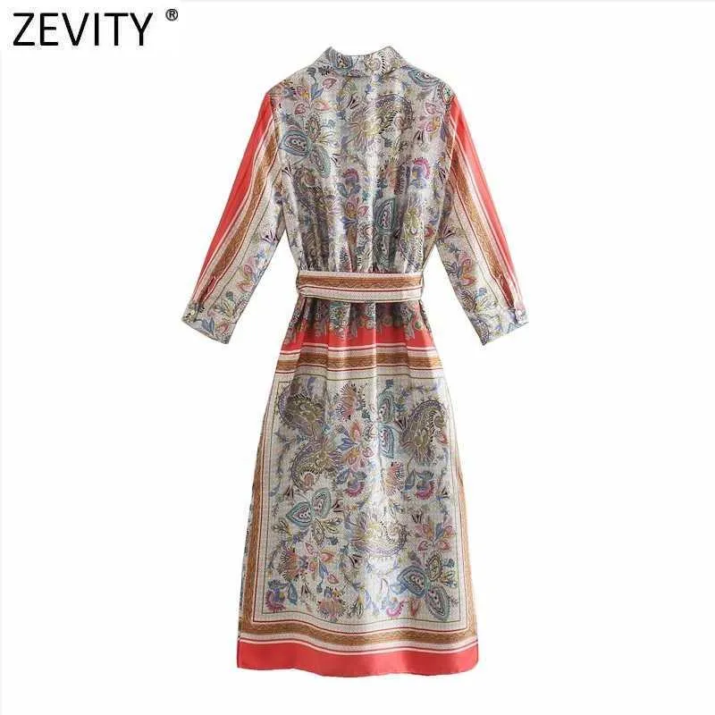 Zevity Women Vintage Totem Floral Print Patchwork Sashes Shirt Dress Lady Clothing Chic Side Split Midi Robe Vestido DS8358 210603