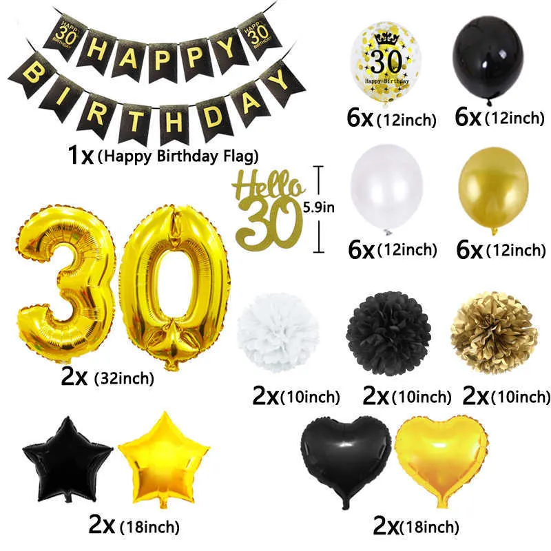 51 unids / set 30 decoraciones de fiesta de cumpleaños Globo de oro negro Feliz cumpleaños Banner 30 años Cumpleaños Mujer Hombre Deco Anniversaire 210626