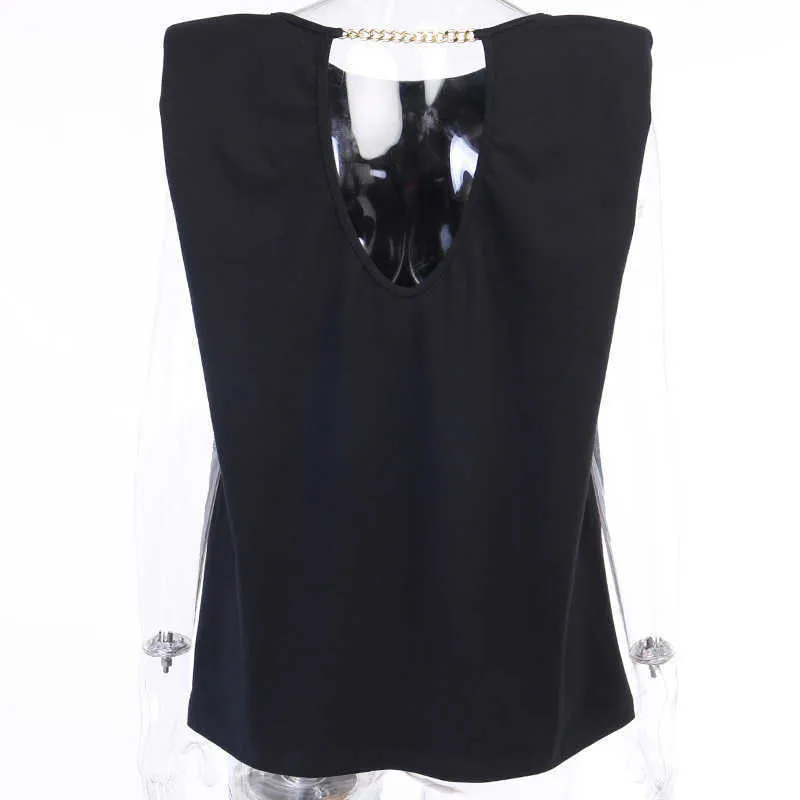 Viifaa Chain Detail Backless Woman Tshirts Shoulder Pad Summer Ladies Tops Black Casual Oversized T Shirt Y0621